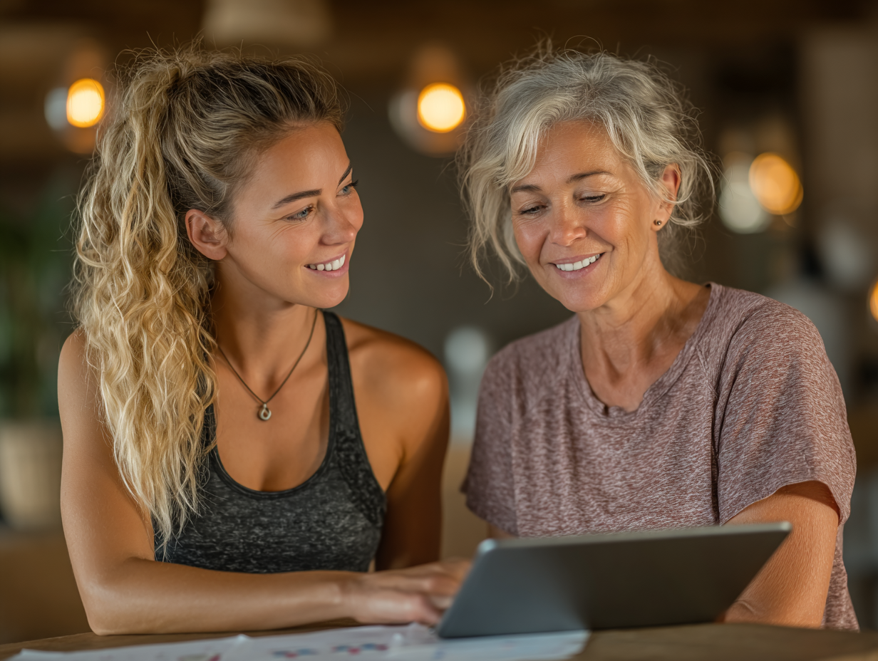 Професійний тренер проводить індивідуальну консультацію та заняття з клієнтом старшого віку в сучасному спортзалі